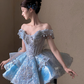 Glamorous Light Blue Off-the-Shoulder Sequin Homecoming Dress Beaded Short Party Gown DP8312