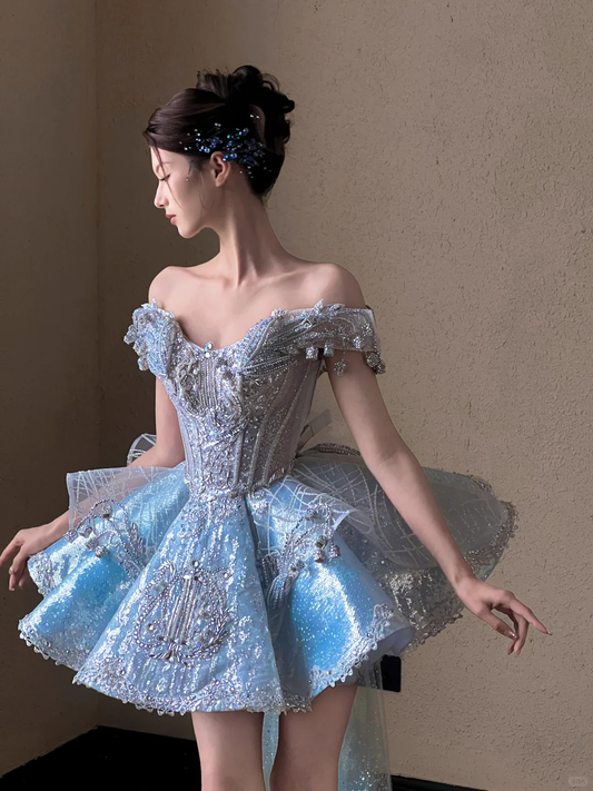 Glamorous Light Blue Off-the-Shoulder Sequin Homecoming Dress Beaded Short Party Gown DP8312