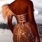 Gold Sequin Feather Mermaid Evening Gown Sheer V-Neck Beaded Prom Dress DS4917