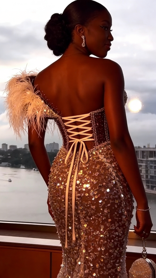 Gold Sequin Feather Mermaid Evening Gown Sheer V-Neck Beaded Prom Dress DS4917