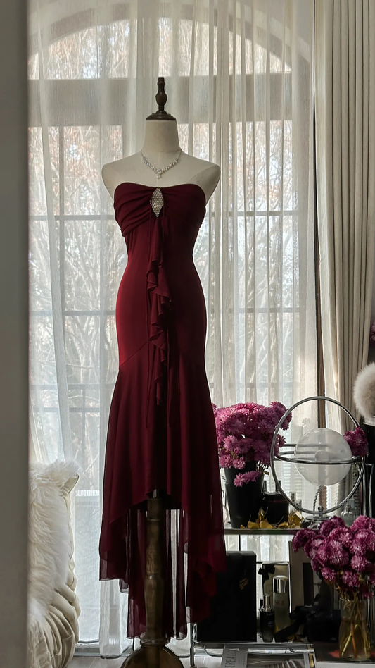 Elegant Burgundy Strapless Gorgeous Beaded Chiffon Evening Dress Prom Dress, DP5980