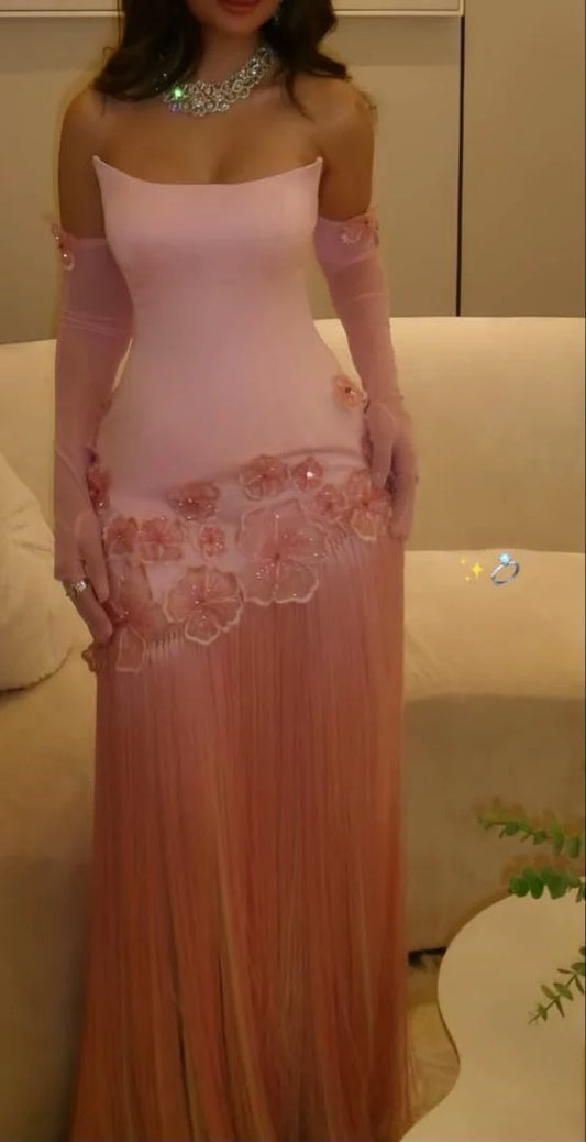 Chic Dusty Pink Off-the-Shoulder Maxi Evening Gown Fringe Hem Floral Prom Dress DP8031