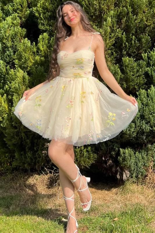 Elegant Floral Embroidered Spaghetti Strap Tulle A-Line Homecoming Dress DP8540