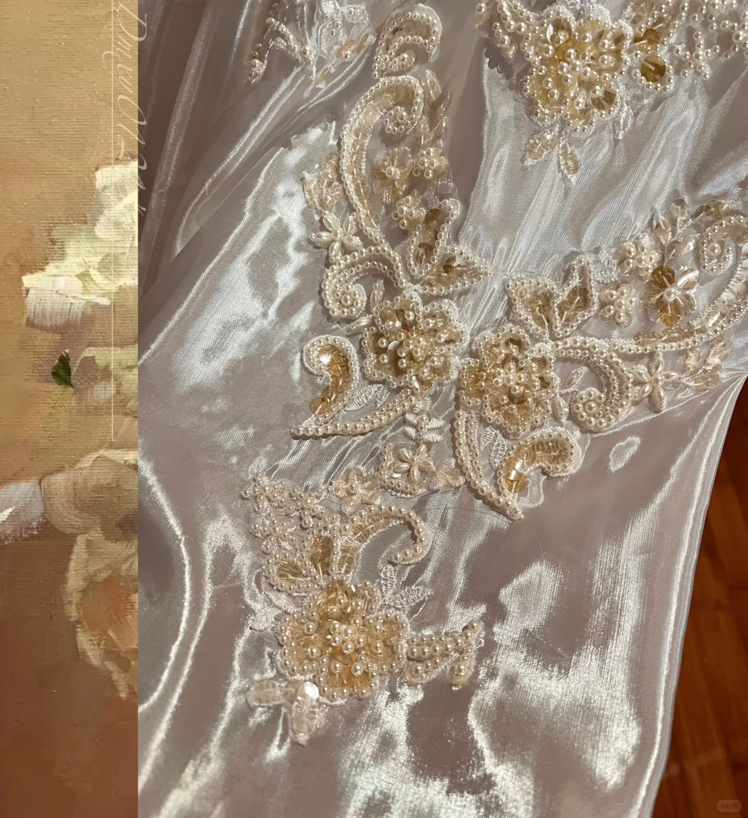 Robe de mariée vintage DP7255, broderies dorées et dentelle complexe, épaules dénudées, manches bouffantes