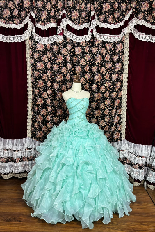 Vintage Blau-grün Tüll Perlen Trägerloses Quinceanera A-Linie Abendkleid Ballkleid DP6272