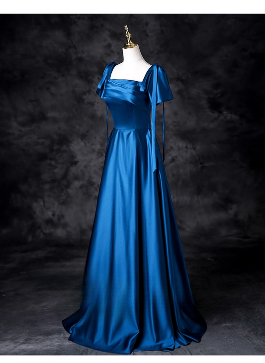 Vintage Royal Blue Satin Prom Dress A-Line Evening Gown Short-sleeved Party Dress Long Formal Dress DP6917