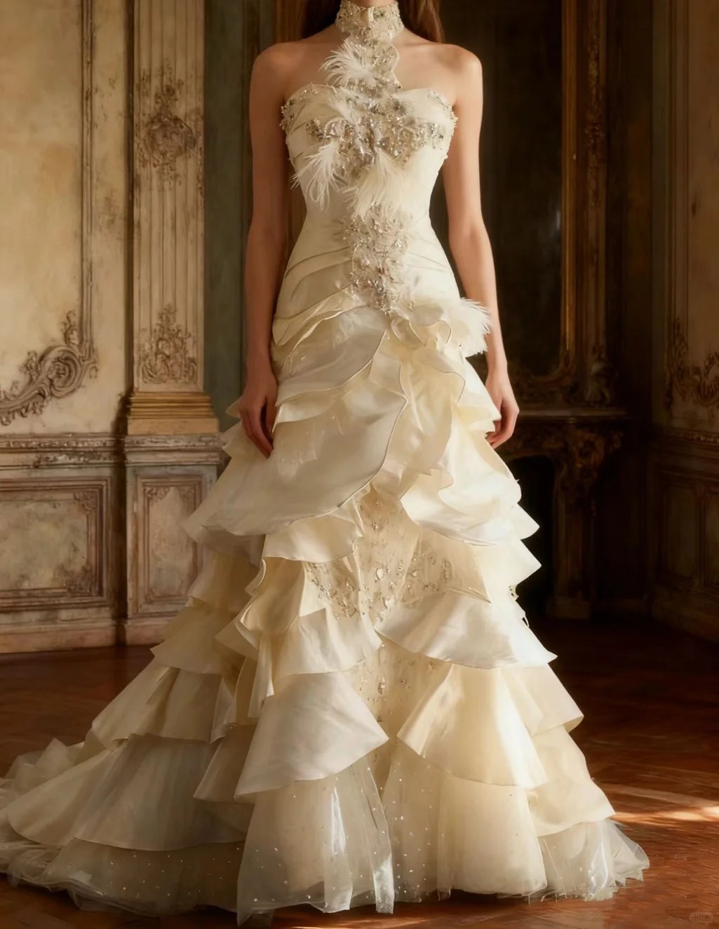 Elegant Ivory Tiered Ruffle Beaded Halter Neck A-Line Formal Wedding Dress DP7657