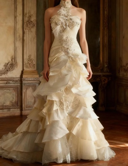 Elegant Ivory Tiered Ruffle Beaded Halter Neck A-Line Formal Wedding Dress DP7657