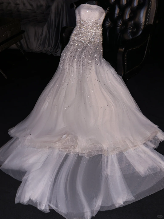 Glamorous Strapless Sequin A-Line Sparkling Tulle Formal Evening Gown DP7338