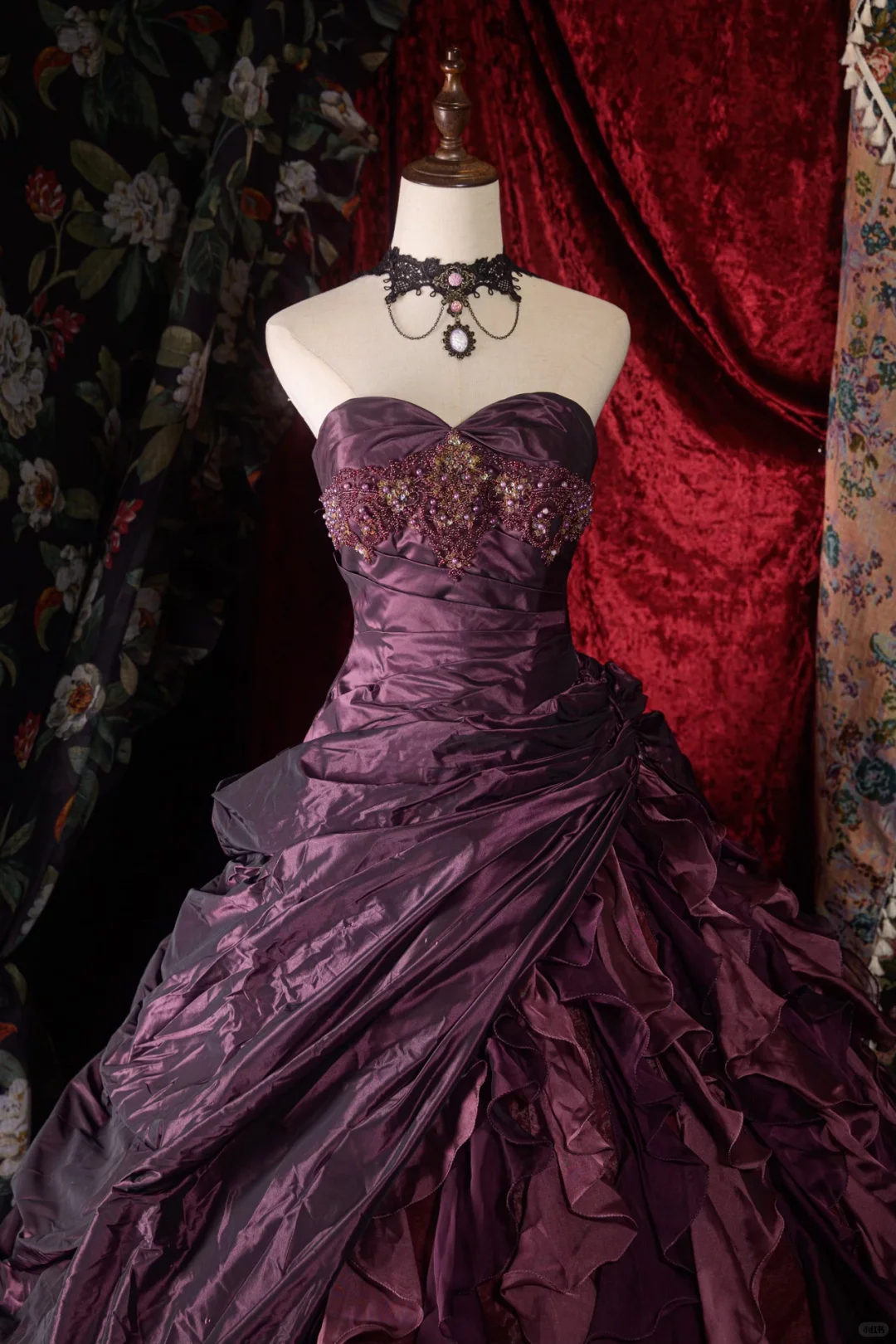 Glamorous Dark Purple Satin Ruffled Sweetheart Beaded Sweet 16 Quinceanera Ball Gown DP7306