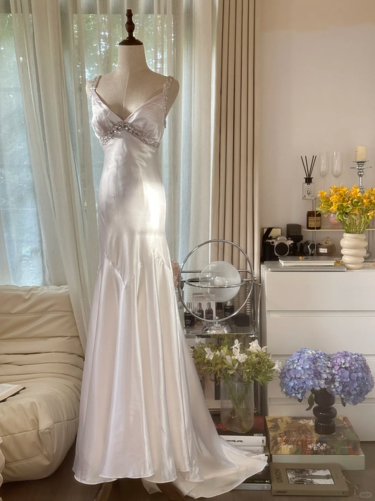 Retro White V-neck Spaghetti Strap Design Elegant Satin Evening Dress Prom Dress, DP5993