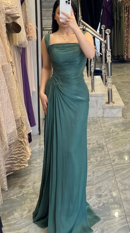 Elegant Emerald Green Ruched Chiffon Sheath Formal Evening Gown DP8473