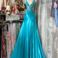 Vintage Turquoise Satin Mermaid Evening Dress Beaded High Slit Prom Dress DP8326