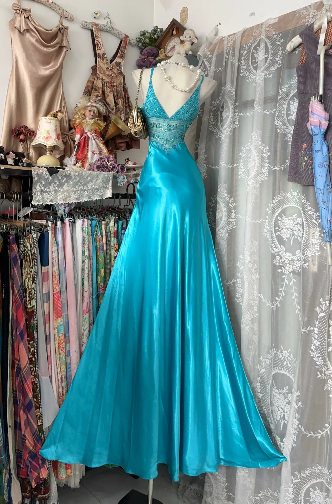 Vintage Turquoise Satin Mermaid Evening Dress Beaded High Slit Prom Dress DP8326
