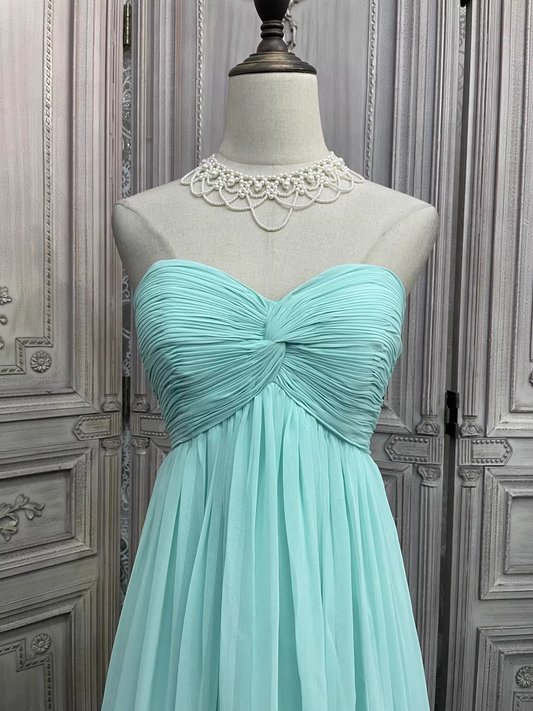 Vintage Mint Green Strapless Sweetheart Chiffon A-Line Evening Gown Ruched Formal Prom Dress DP7596