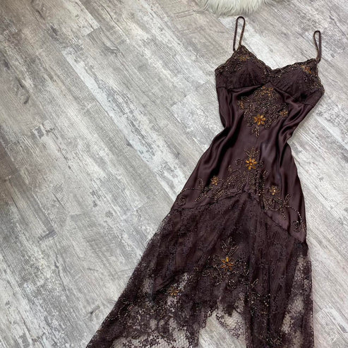 Vintage Spaghetti Straps Lace Beading Charming Evening Dress, DP2509