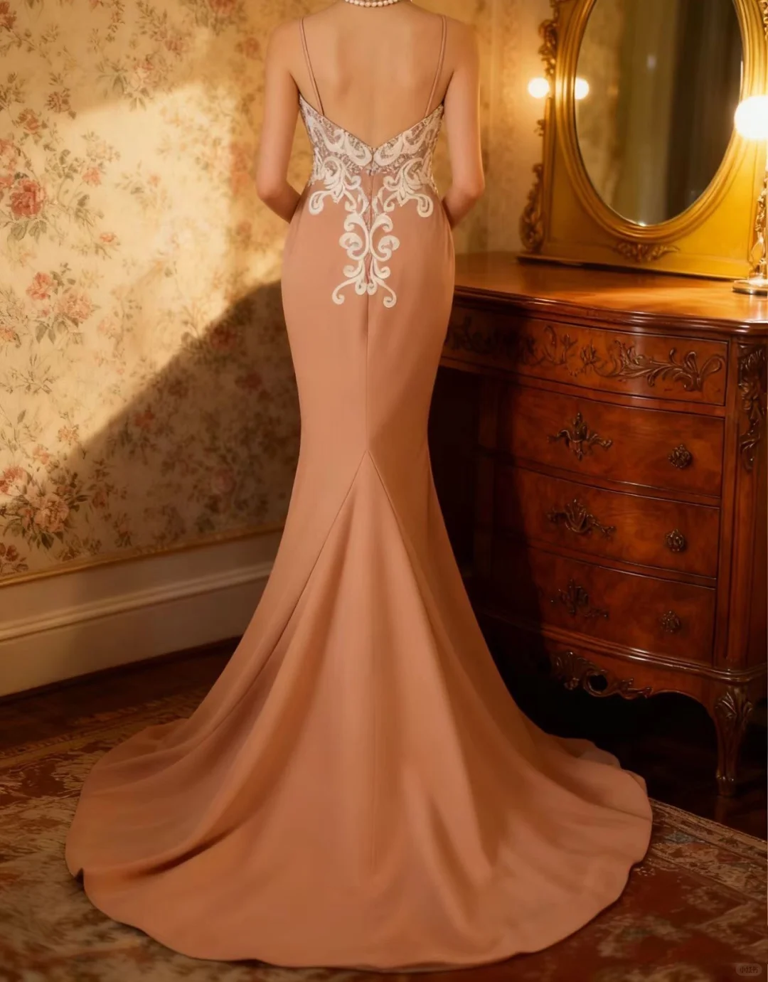 Elegant Mermaid Formal Evening Gown Spaghetti Strap Lace Applique & Train Prom Dress DP7625