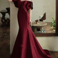Elegant Burgundy Satin Off-the-Shoulder Sweetheart Mermaid Ruffle Sleeves Evening Gown DP8575