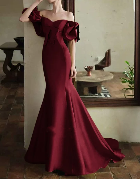Elegant Burgundy Satin Off-the-Shoulder Sweetheart Mermaid Ruffle Sleeves Evening Gown DP8575
