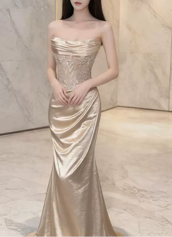 Elegant Champagne Strapless Satin Mermaid Beaded Prom Dress DP8828