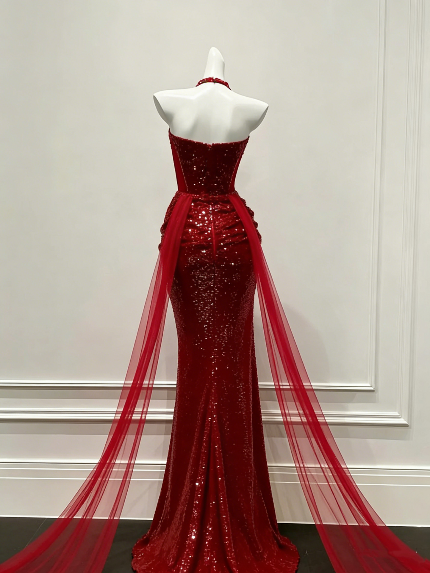 Luxury Sequin Halter Mermaid Evening Gown Formal Prom Dress with Tulle Train DP5622