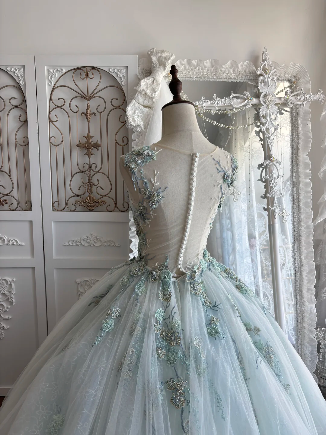 Elegant Light Blue Beaded Lace Sheer Neck Ball Gown DP8294