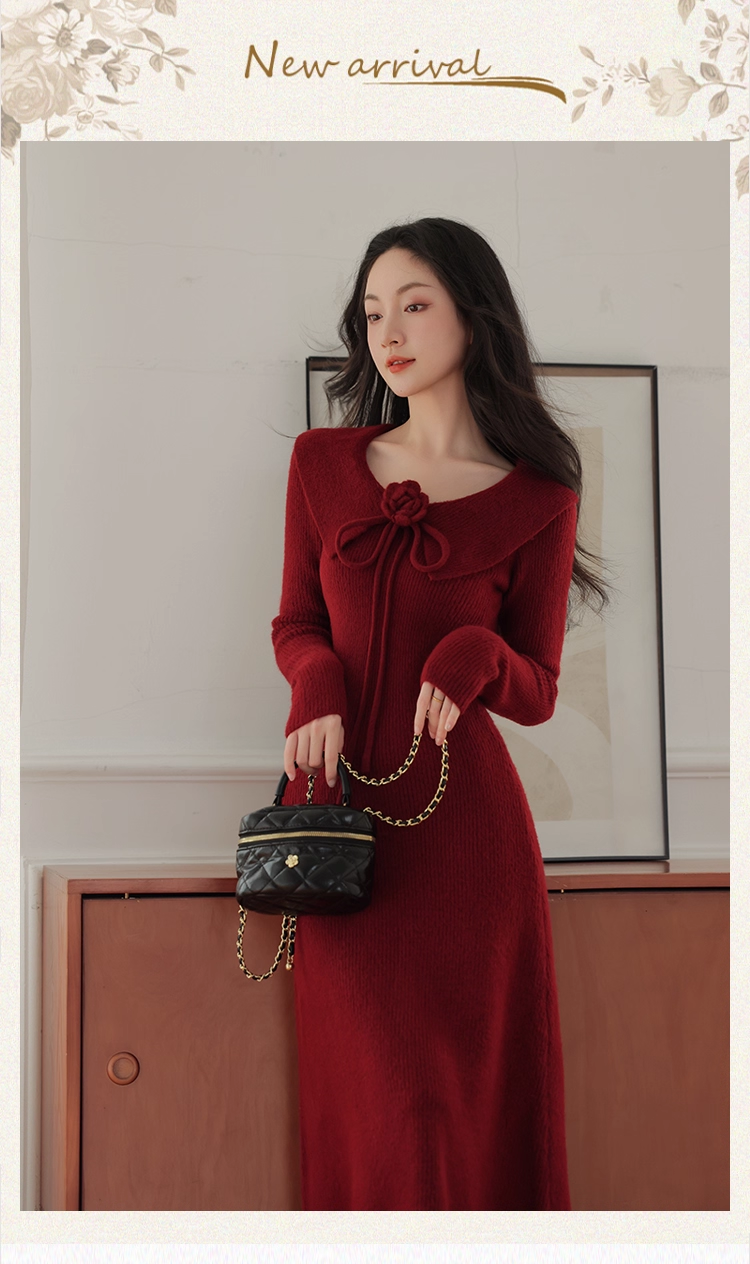 Robe de bal fourreau bordeaux vintage, robe de soirée à manches longues, robe longue en tricot, DP6701