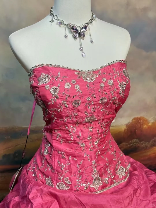 Robe de bal glamour fuchsia à strass, coupe trapèze, sans bretelles DP7060