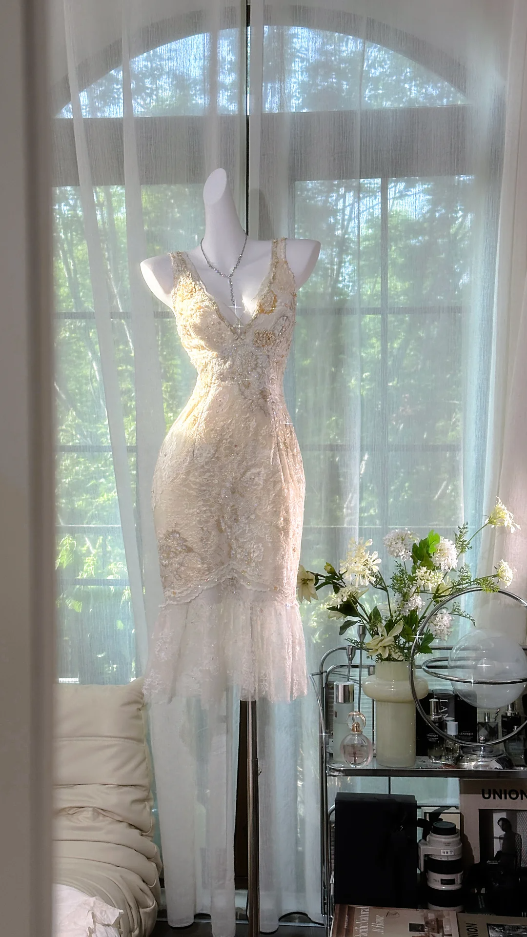 Vintage Ivory Lace Homecoming Dress Shiny Sequin V-neck Sheath Party Dress Cocktail Dress, DP6545