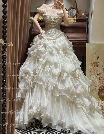 Vintage Off-Shoulder Layered Ruffles Lace & Pearl for Timeless Elegance Wedding Dress DP7252