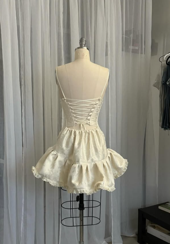 Vintage Beige Spaghetti Strap A-line Satin Lace-up Short Party Dresses Homecoming Dresses, DP5784