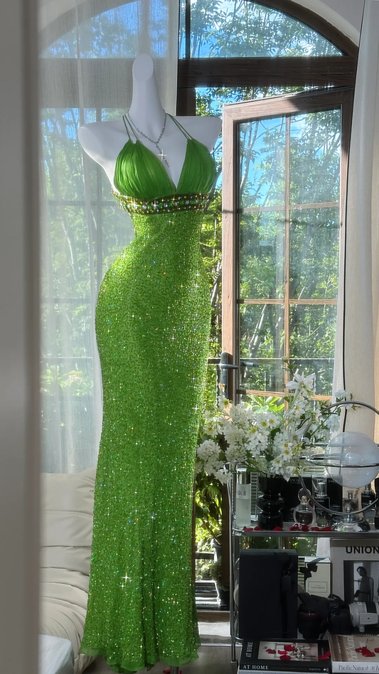Glänzend grünes Pailletten V-Ausschnitt Spaghettiträger Design Chiffon Ballkleid Abendkleid DP6241