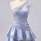 Elegant Light Blue Satin One-Shoulder Mini Ruched Bodice Beaded Tiered A-Line Homecoming Dress DP8728