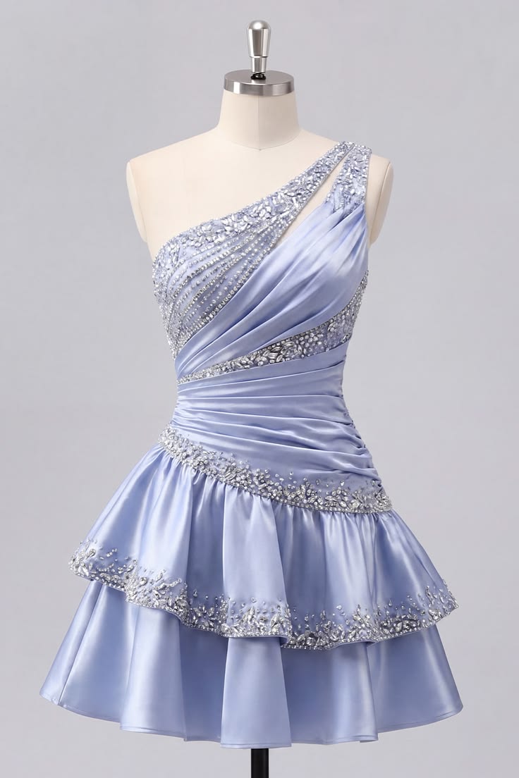 Elegant Light Blue Satin One-Shoulder Mini Ruched Bodice Beaded Tiered A-Line Homecoming Dress DP8728