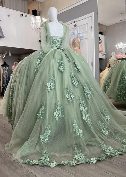 Elegant Sage Green Applique Sweetheart Off-the-shoulder Sweet 16 Quinceanera A-Line Floor-length Prom Dress Evening Dress Ball Gown DP6467