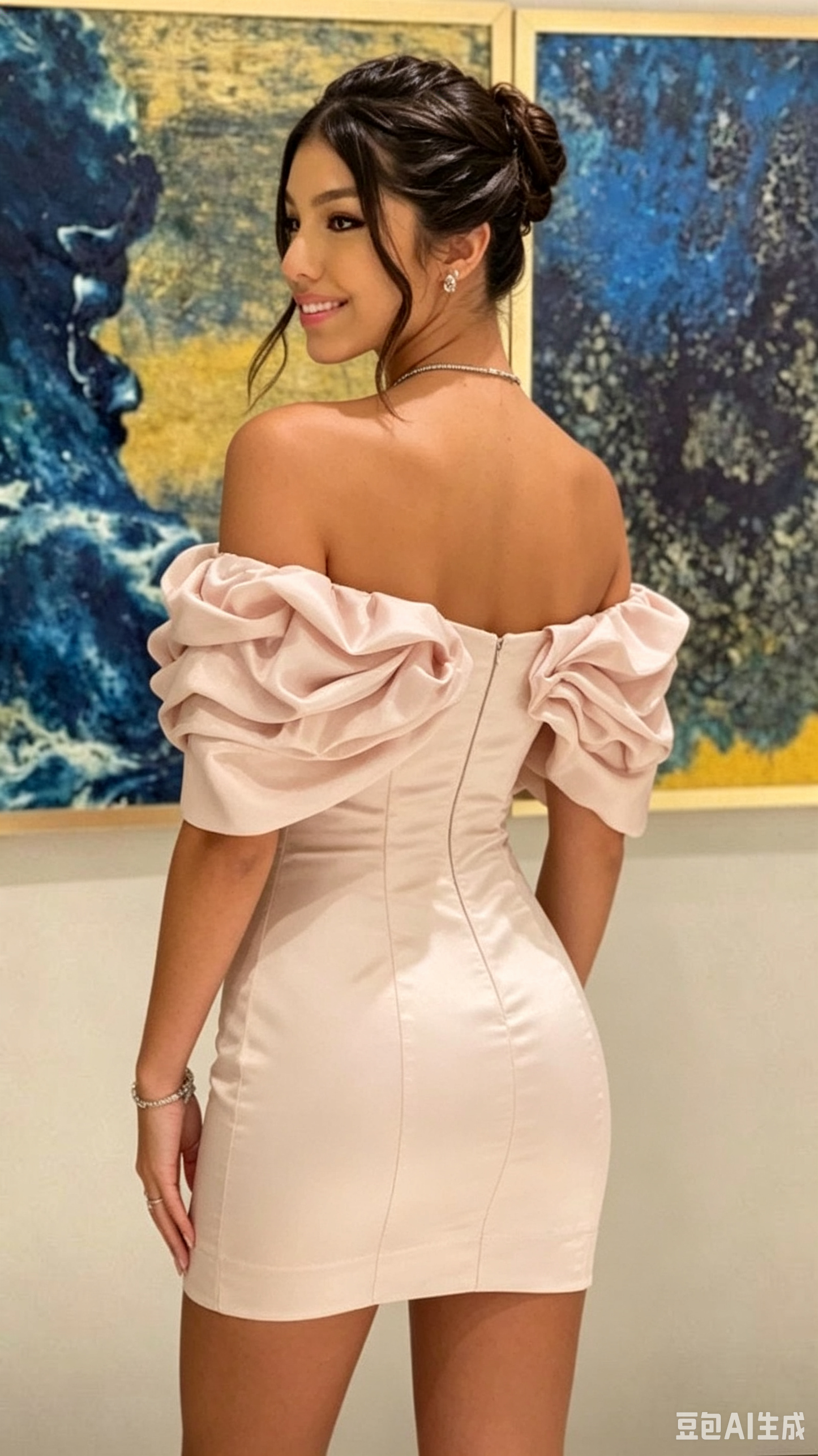Vintage Pink Satin Off-the-Shoulder Ruffle Mini Bodycon Party Dress Homecoming Dress DP8671