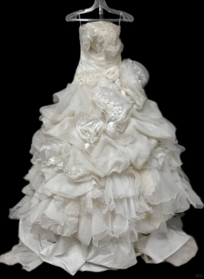 Elegant Ivory Lace Strapless Ruffled Tiered Beaded Wedding Dress DP7553