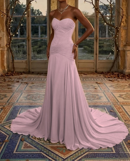 Elegant Pink Strapless Sweetheart Ruched Bodice Chiffon Long Prom Dress DP8464
