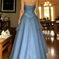 Elegant Dusty Blue Layered Tulle Beaded Strapless Sweetheart A-Line Prom Dress DP8551