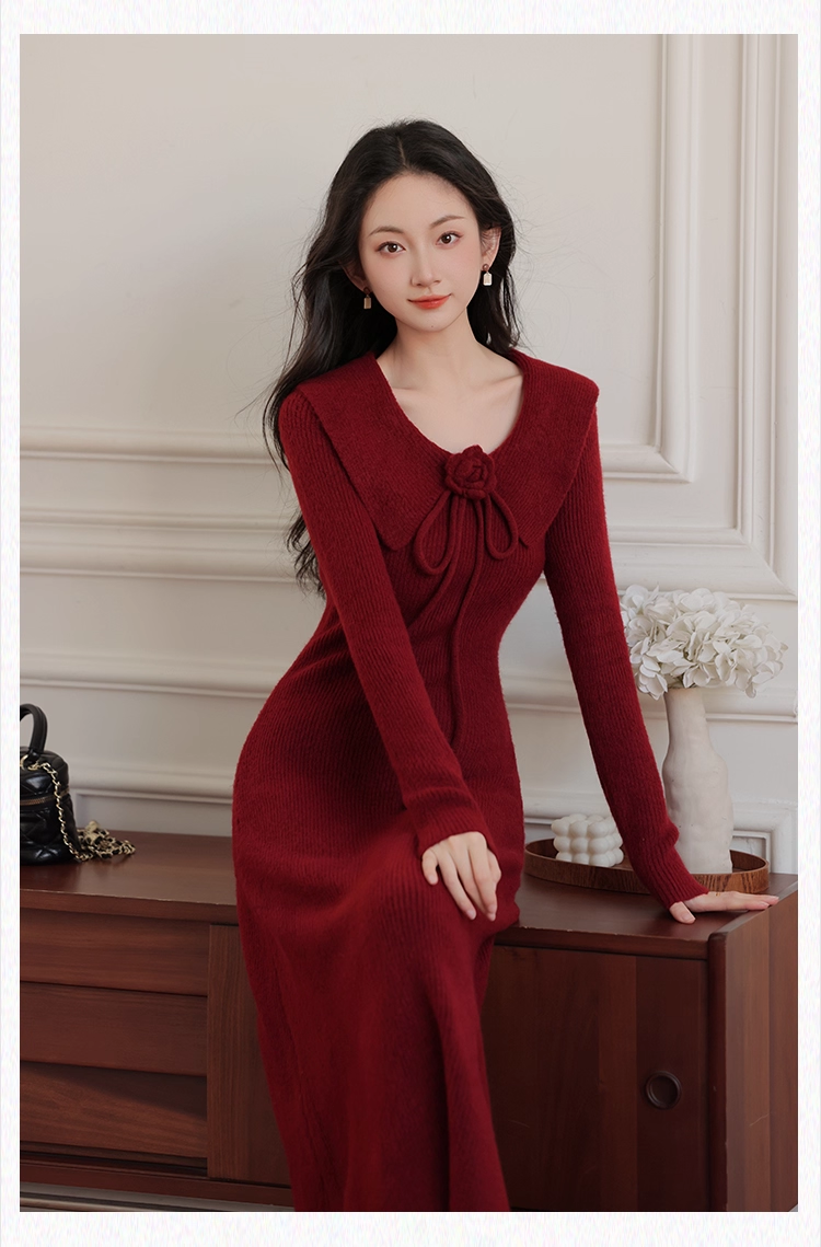 Robe de bal fourreau bordeaux vintage, robe de soirée à manches longues, robe longue en tricot, DP6701