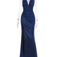 Vintage Glänzendes V-Ausschnitt Neckholderkleid Meerjungfrau Langes hochgeschlitztes Sommerkleid Ballkleid Abendkleid DP6399
