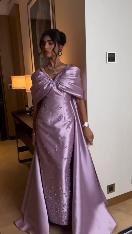 Robe de bal vintage en satin lilas, fourreau, cape perlée, robe de soirée longue, robe formelle DP6713