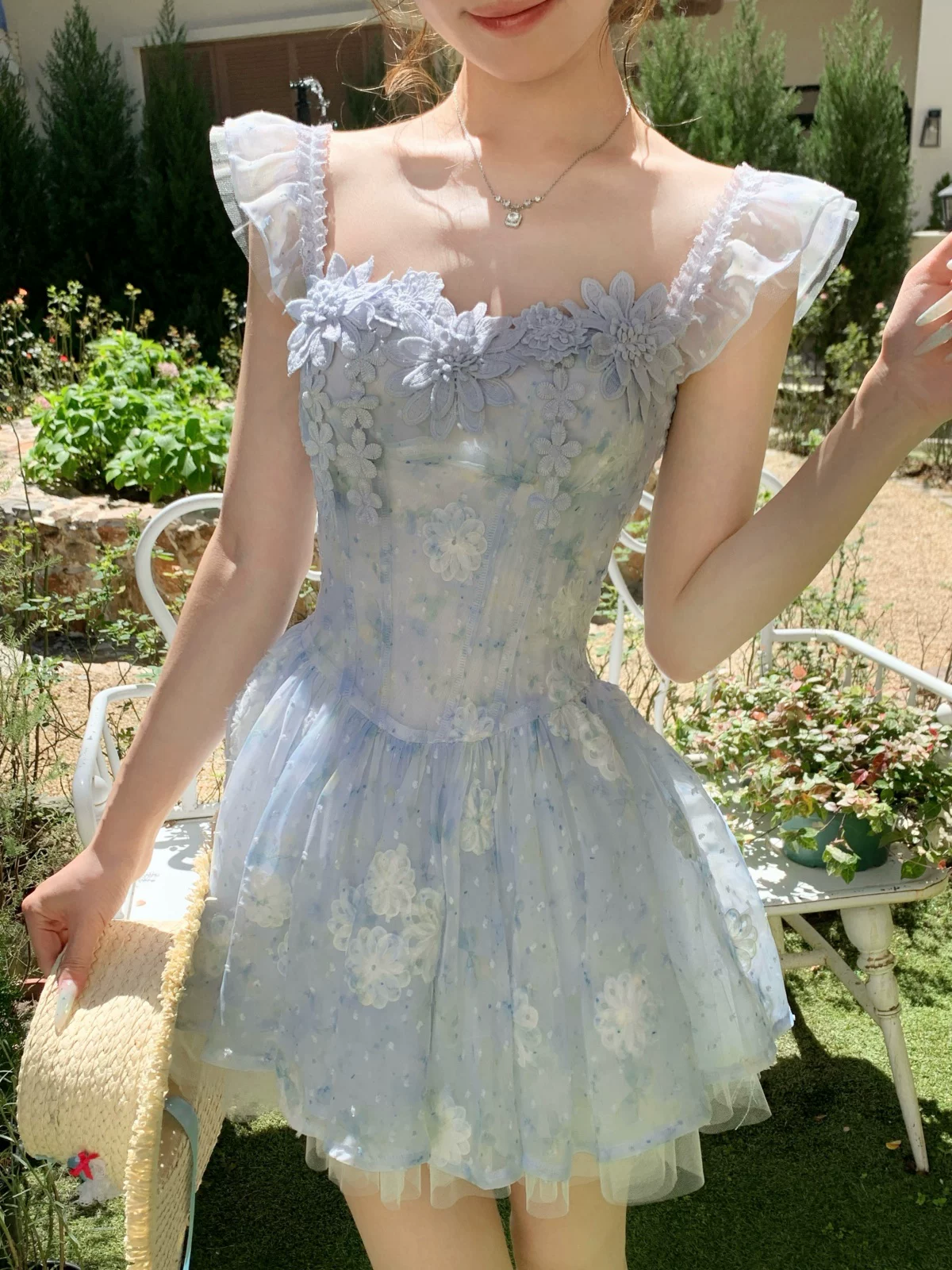 Cute Light Blue 3D Floral Tulle Ruffle Strap A-Line Homecoming Dress DP8765