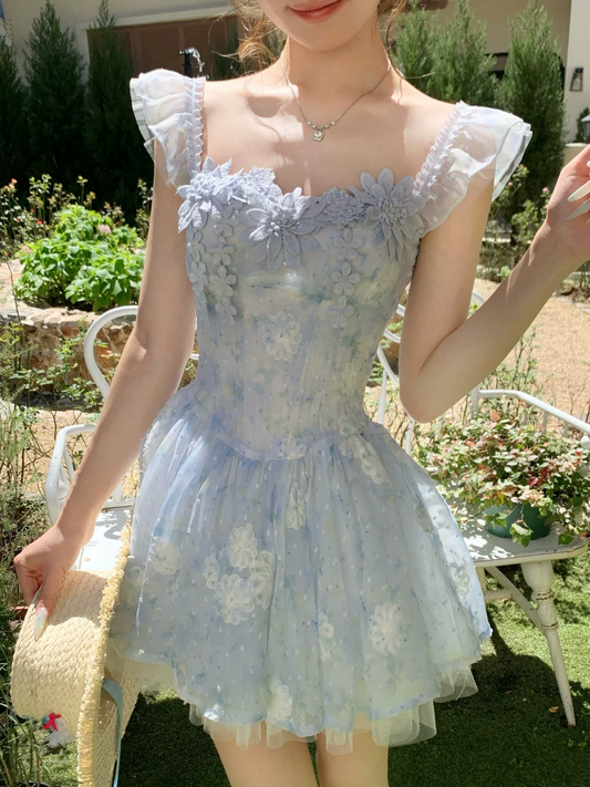 Cute Light Blue 3D Floral Tulle Ruffle Strap A-Line Homecoming Dress DP8765