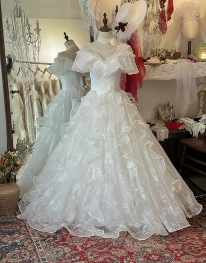 Romantic Off-the-Shoulder Ruffle Lace A-Line Wedding Dress DP8615