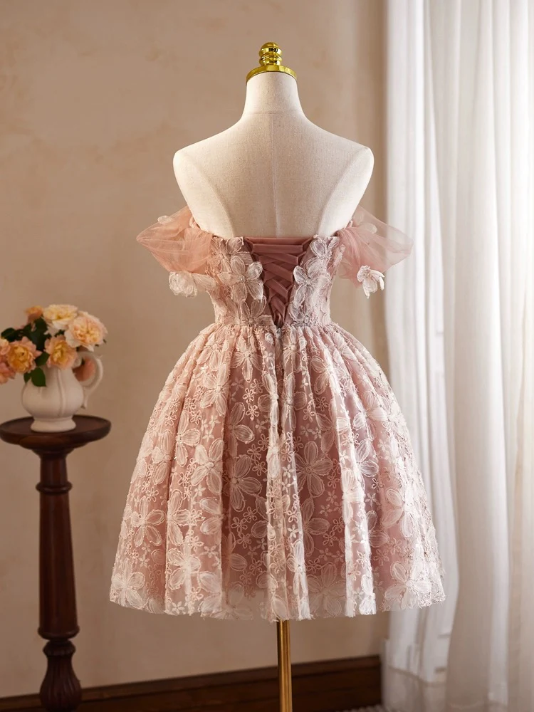 Retro Pink Applique Off-the-shoulder Design A-line Tulle Party Dress Homecoming Dress DP6067