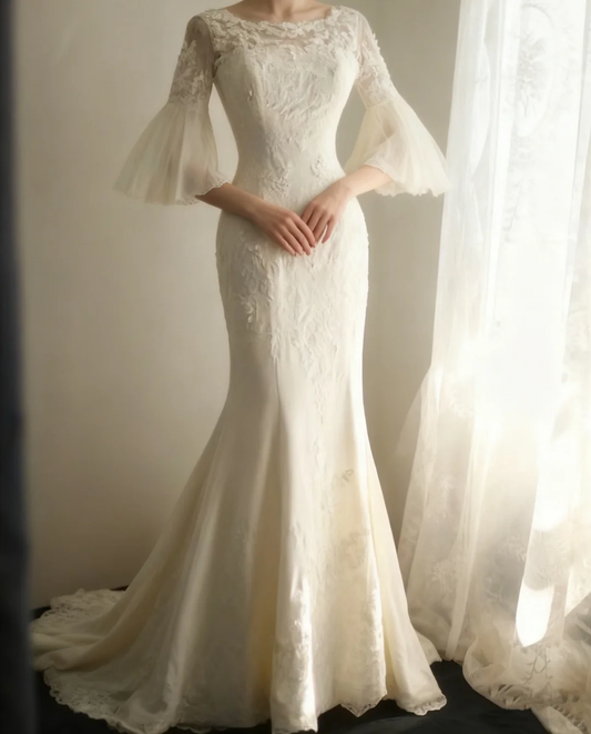 Vintage Cream Lace Mermaid Bell Sleeves with Illusion Neckline & Train Wedding Dress DP7647