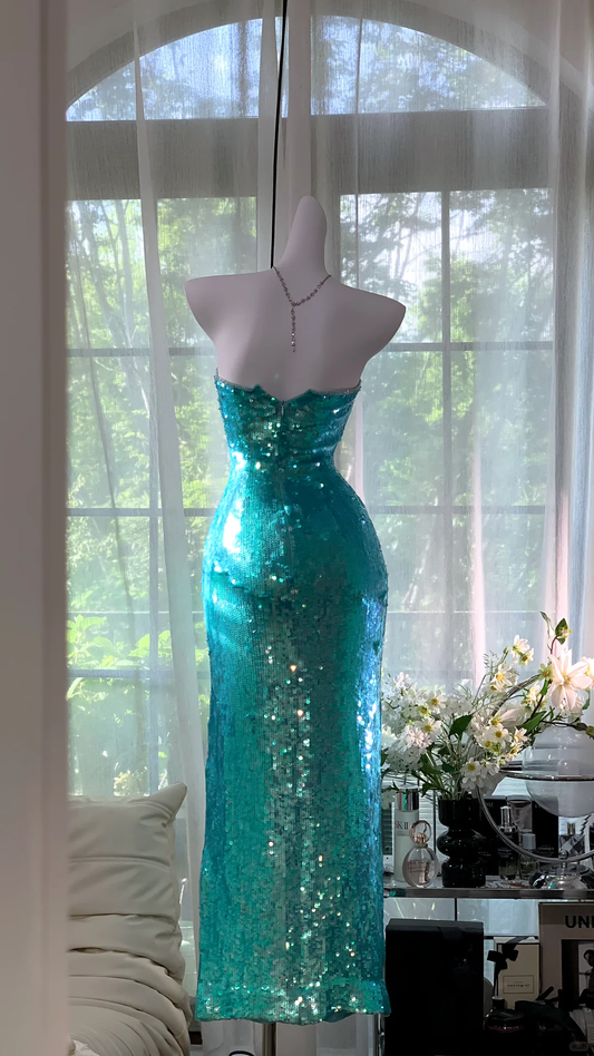 Wunderschönes glitzerndes grünes trägerloses Etui-Ballkleid Abendkleid DP6318