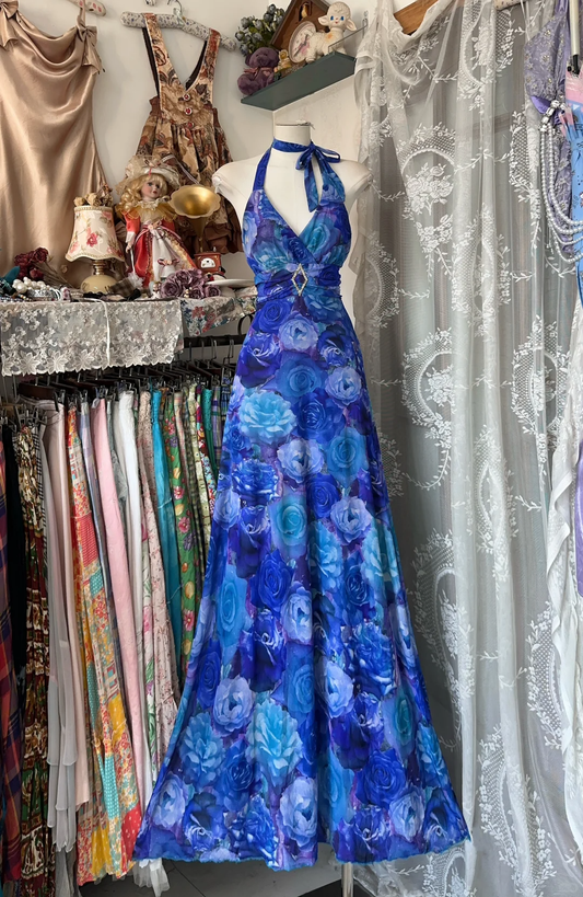 Vintage Navy Blue Floral Halter-neck Floral A-Line Long Prom Dress Evening Dress DP6381