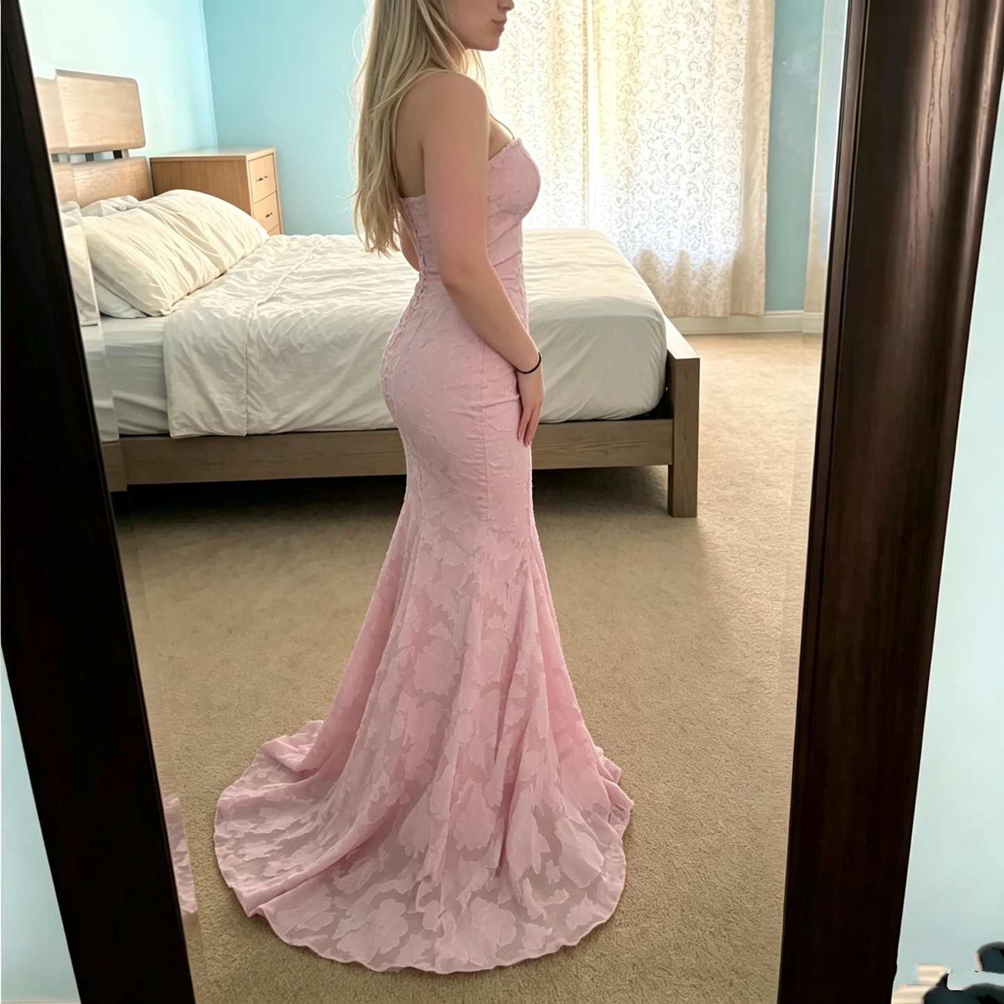 Elegant Pink Floral Jacquard Strapless Mermaid Prom Dress DP8465